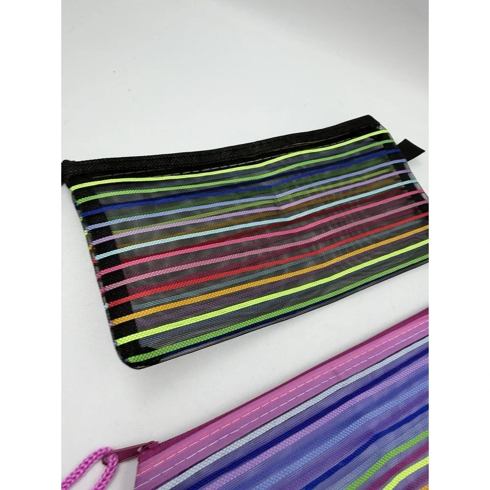 Lot Of 2 Mesh Multi-Color  Striped Pencil Case, Makeup Bags NEW No Tags 9